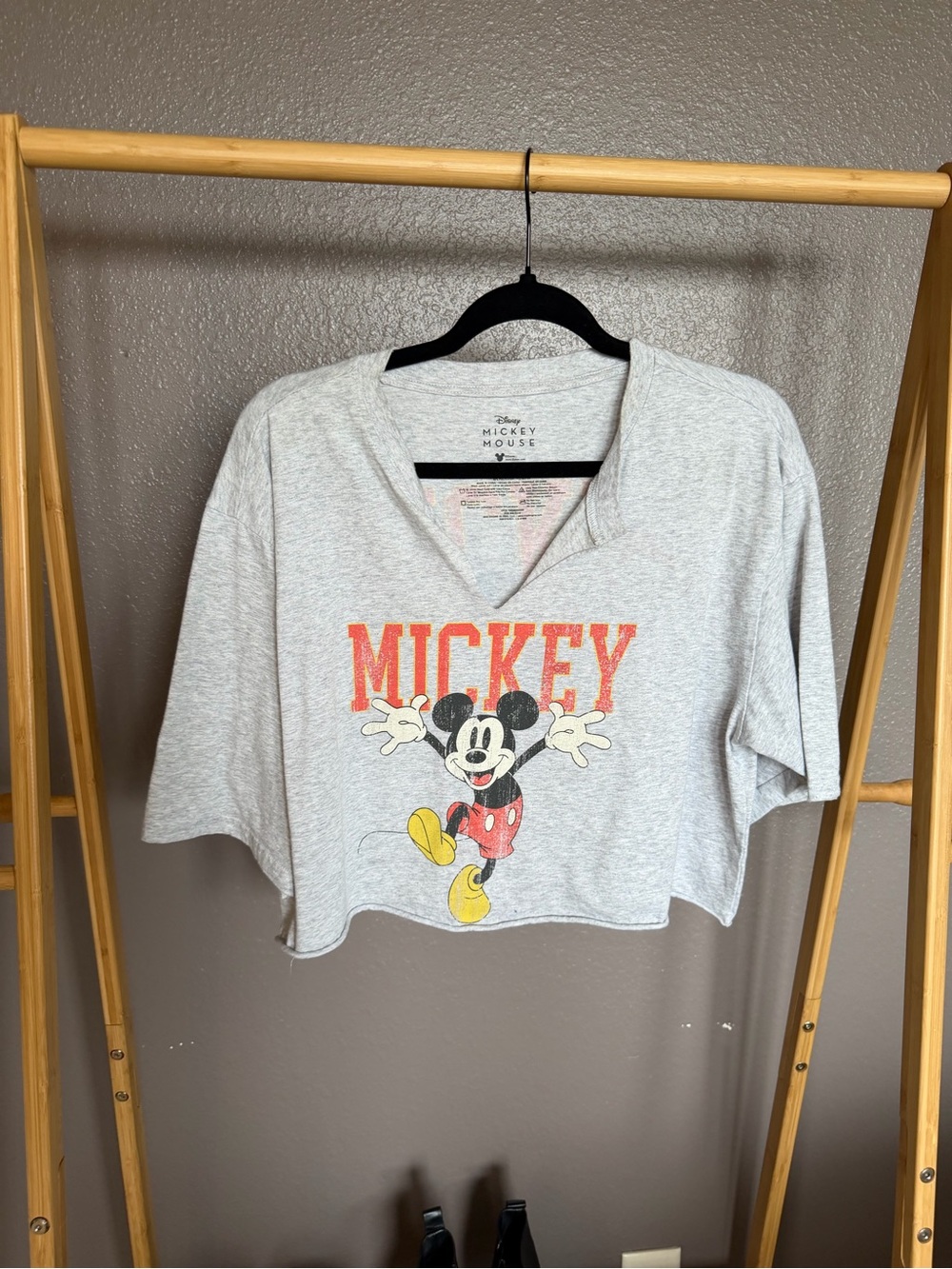 Disney Gray Mickey Mouse Graphic Crop Tee with Red Lettering